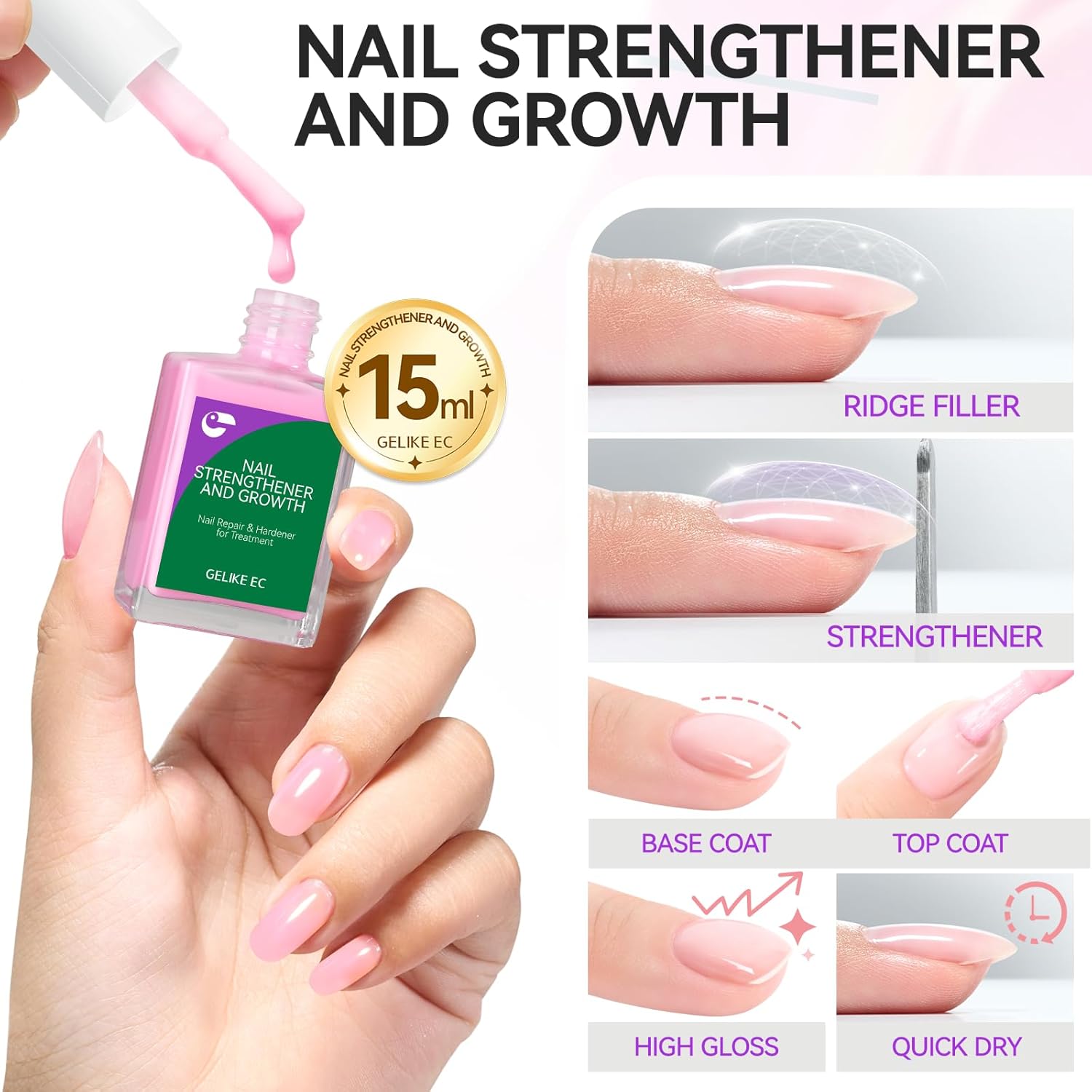 Nail Polish Strengthener and Growth Treatment: Pink 15ml Gelike EC Natural Nail Hardener Extra Strong and Growth - Long Lasting Nail Repair for Damaged Nails - For Daily Work Home Salon