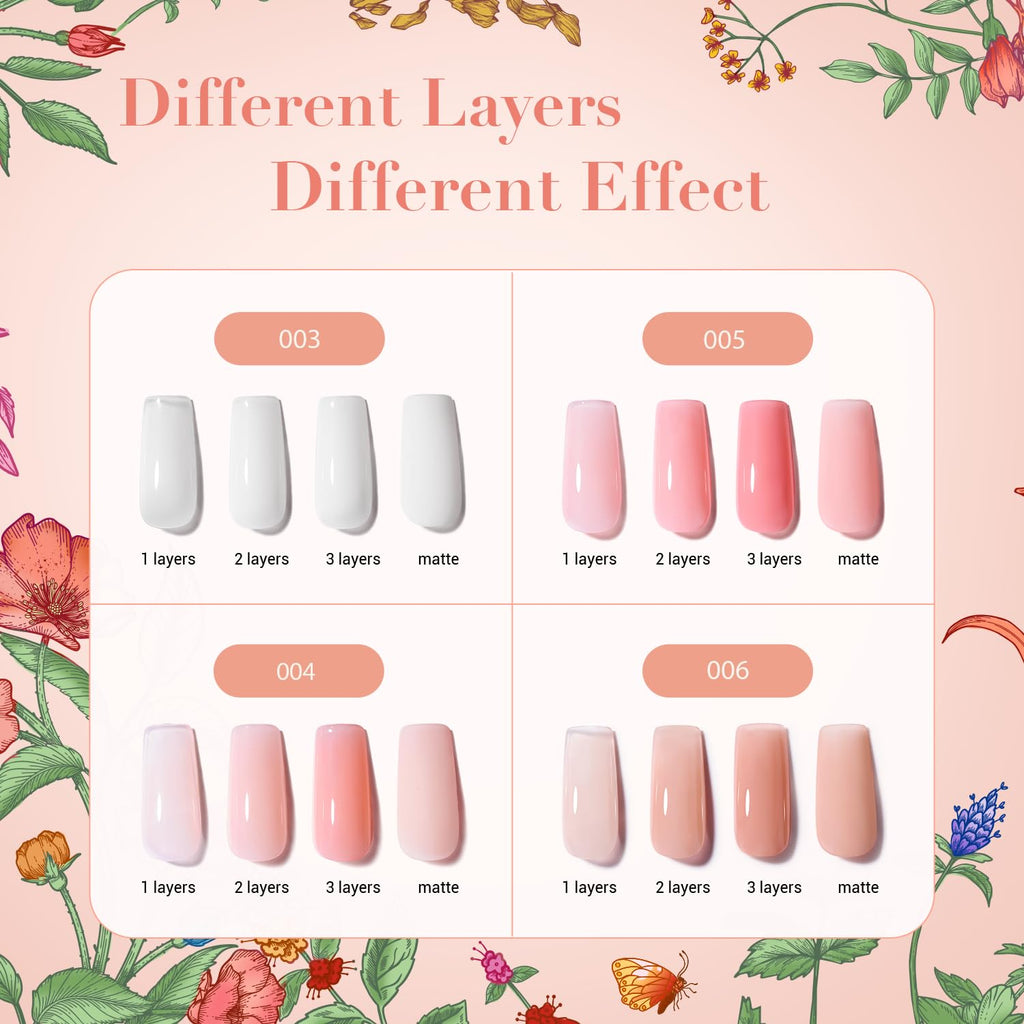 AZUREBEAUTY Nail Polish Set, 4 Colors Nude Pink Jelly Transparent Clear Milk White Quick Dry Natural Nail Lacquer Strengthening Treatment Kit with Top Coat DIY Salon at Home