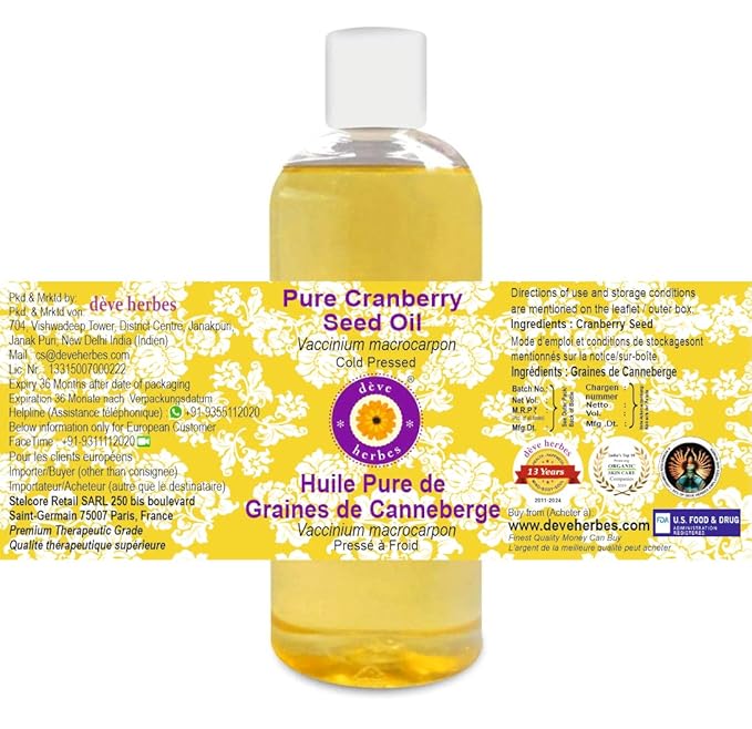 Deve Herbes Pure Cranberry Seed Oil (Vaccinium macrocarpon) Cold Pressed 200ml (6.76 oz)