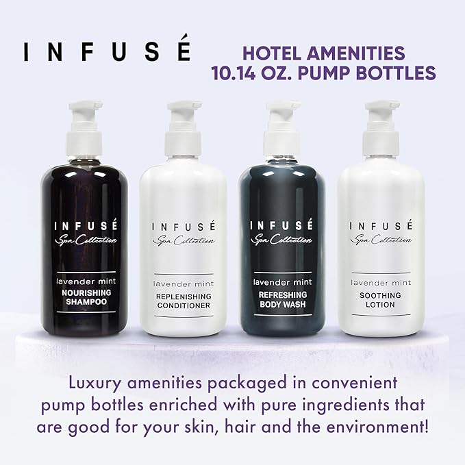 1-Shoppe Infuse Lavender Mint Spa Collection Amenities Set | 10.14 oz Pumps | Shampoo, Conditioner, Hand/Body Wash, Lotion
