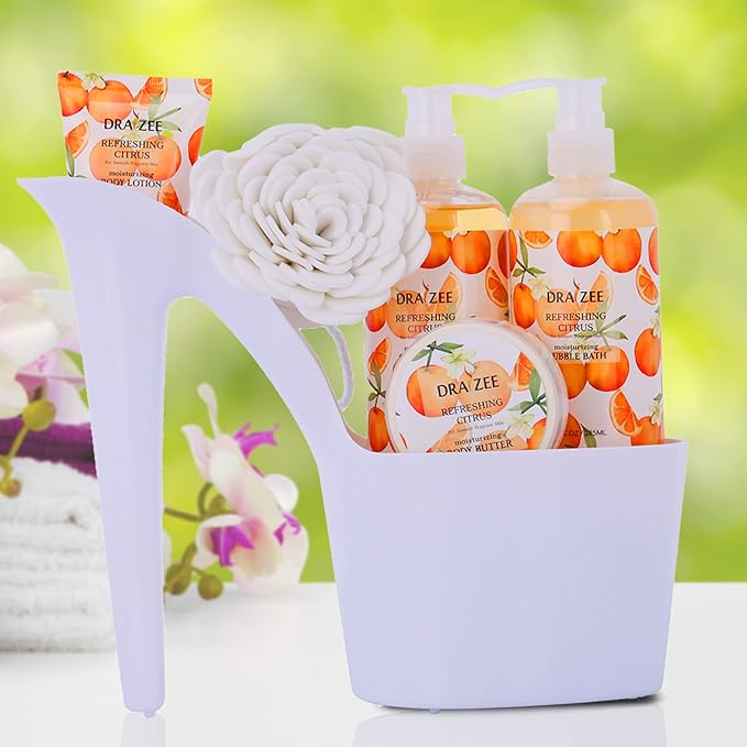 Draizee Mothers Day Gifts for Mom - Spa Gift Baskets for Women - 8 Pcs Luxury Citrus Scented Heel Shoe Design Bath and Body Spa Set - Self Care Package for Women, Present for Mom-Body Care Set for Her