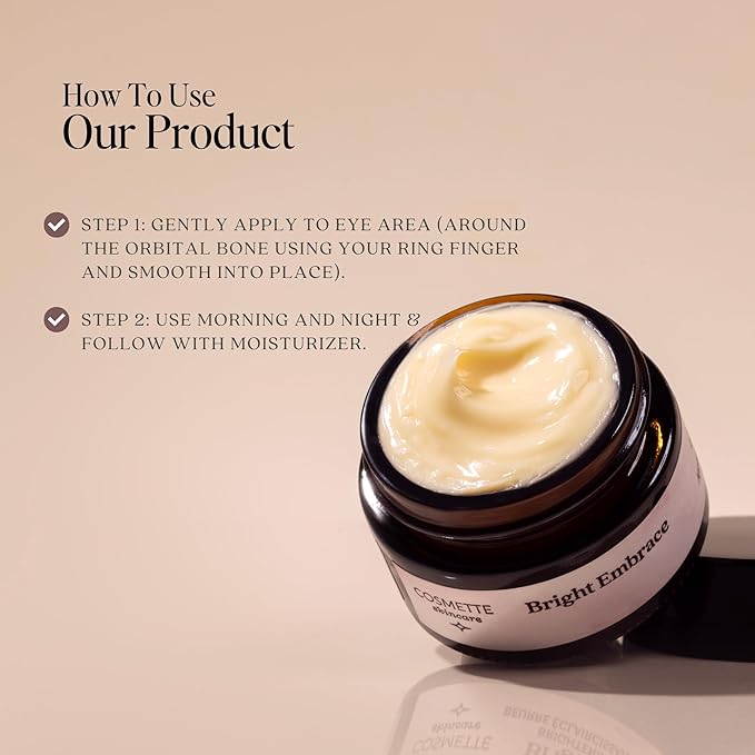 Cosmette Bright Embrace Vitamin B3 Eye Cream, Vegan Under Eye Butter for Protection & Hydration With Marula & Plum Oils, Gentle Serum for Sensitive Skin, Natural Skincare, 0.5 FL Oz