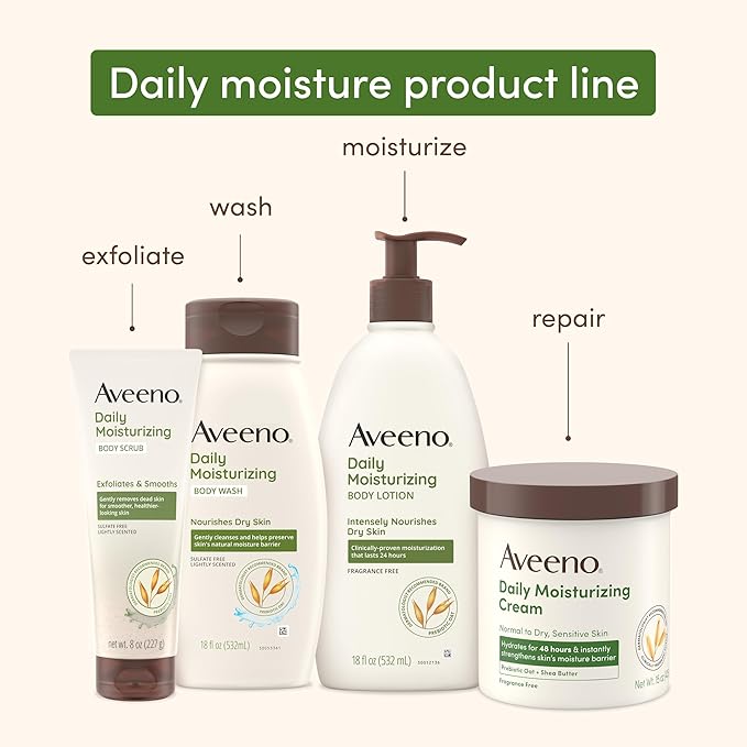 Aveeno Daily Moisturizing Body Lotion with Soothing Prebiotic Oat, Gentle Lotion Nourishes Dry Skin With Moisture, Paraben-, Dye- & Fragrance-Free, Non-Greasy & Non-Comedogenic, 8 fl. oz