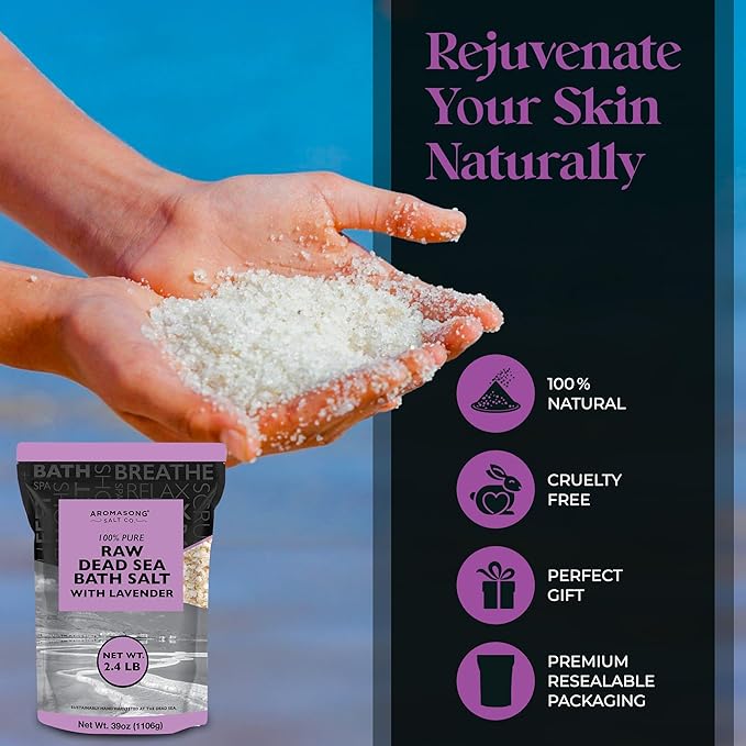Aromasong RAW Dead Sea Salt with 100% Natural Lavender, 5 Lb, Not Cleaned, Still Contains All Dead Sea Minerals Including Dead Sea Mud, Fine Medium Grain Large Resealable Pack. (Packaging May Vary)