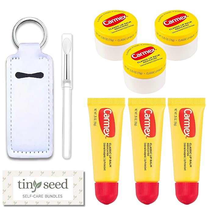 Set of 6 Medicated Lip Balms. Carmex Lip Balm Moisturizer: 3 Jars and 3 Tubes. Trusted Relief for Dry, Chapped Lips. Bundled with Silicone Lip Brush and Lip Balm Holder Keychain (White)
