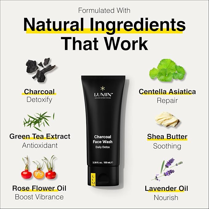 Lumin Charcoal Face Wash for Men Skincare - Daily Detox, Hydrating Face Cleanser, Removes Impurities, Exfoliates, Unclogs Pores, Controls Oil, Soothes Irritation, All Skin Types, 2 Pack