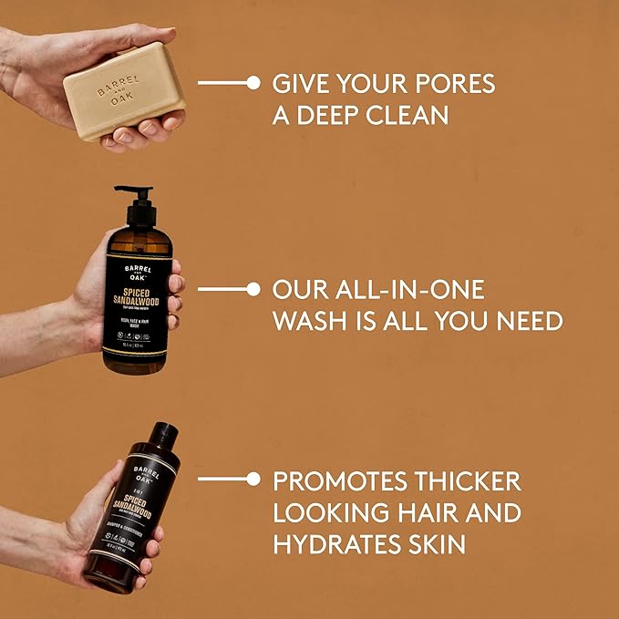 Barrel and Oak - Spiced Sandalwood Body Care Set, Fragrant Sea Salt & Amber Scent, Rich in Essential Oils, Hydrating Formulas, Rich Texture, No Parabens or Phthalates, Certified Organic (3-Pack Set)