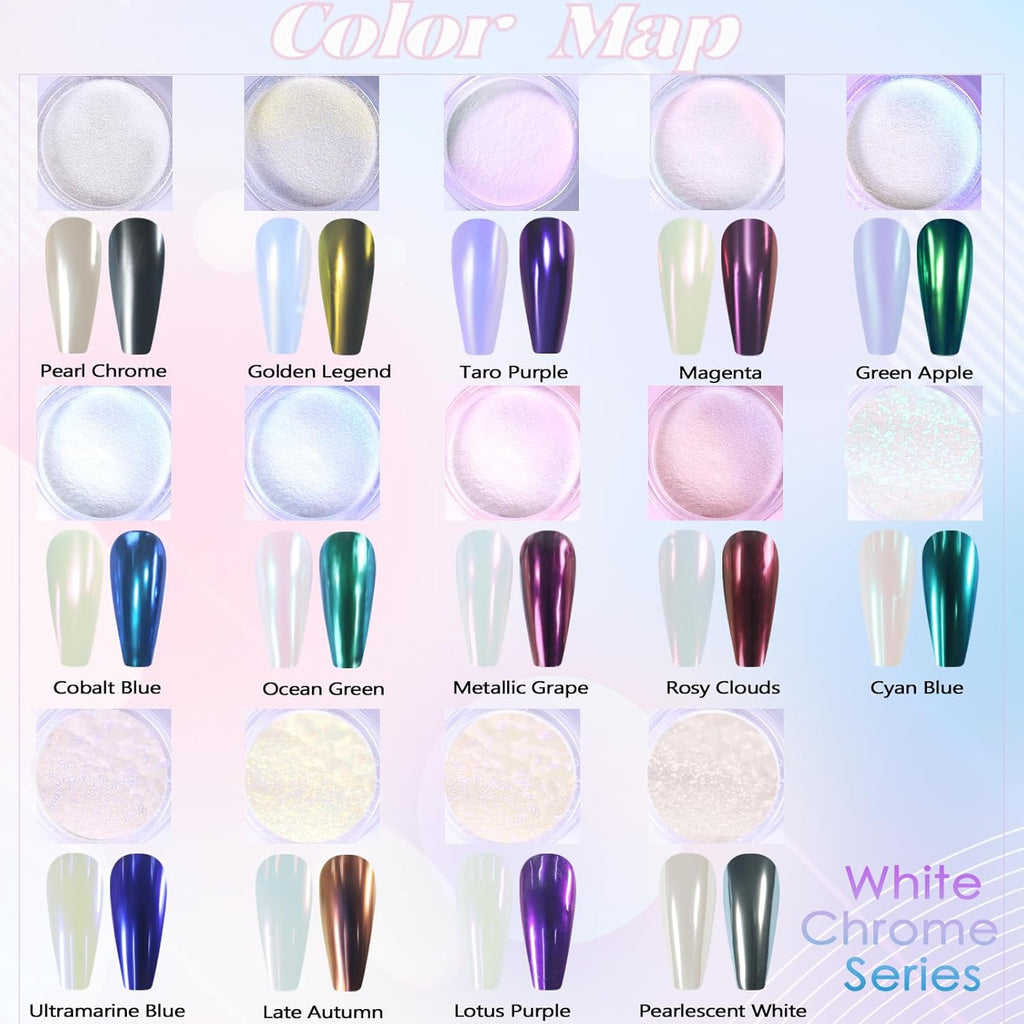 Laza White Chrome Powder Glazed Donut Metallic Effect Pigment Shimmer Mica Iridescent Aurora Glitter Fairy Dust Gel Nail Art Supplies for Techs - Pearlescent White