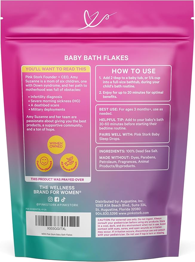 Pink Stork Baby Bath Flakes, Calming Fragrance Free Magnesium Bath Salts for Infants and Toddlers to Help Soothe Diaper Rash, Irritation, and Support Restful Sleep Without Melatonin - 16 oz