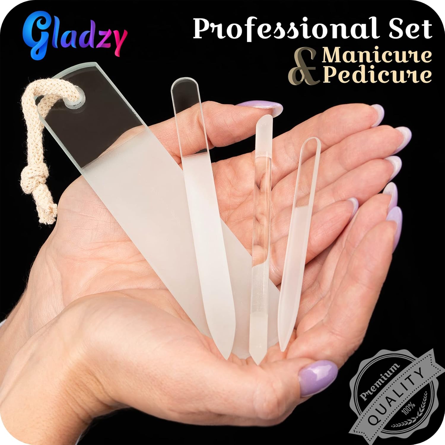Genuine Czech Glass Nail File Set by GLADZY - Callus Remover Foot Rasp, Cuticle Pusher Manicure Stick, Double Sided Etched Different Grit Surface, Professional Nail Care Tool Kit, Made in EU