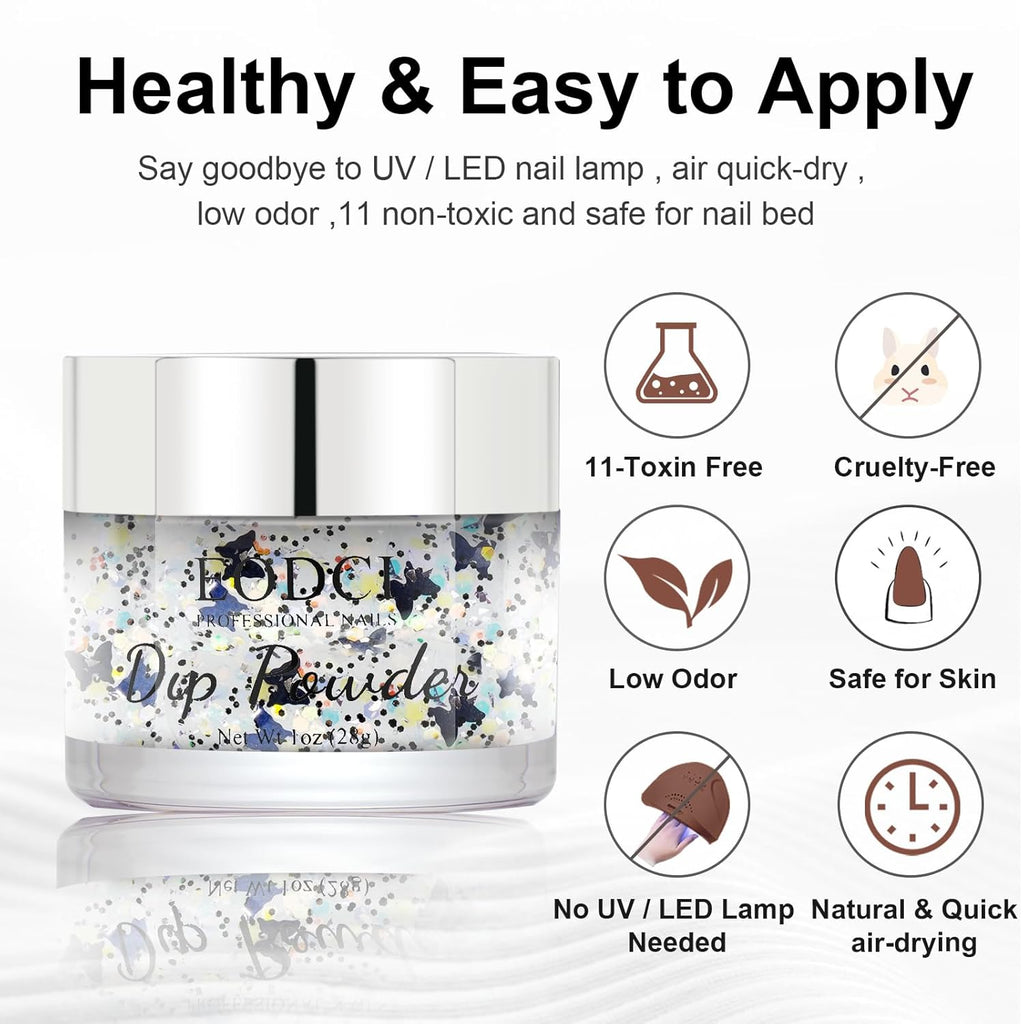 Nail Dip Powder Colors, Butterfly Glitter Silver - DIY Nail Art Starter Kit - No Lamp Needed - 1 oz