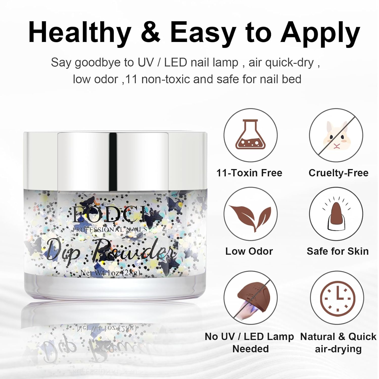 Nail Dip Powder Colors, Butterfly Glitter Silver - DIY Nail Art Starter Kit - No Lamp Needed - 1 oz