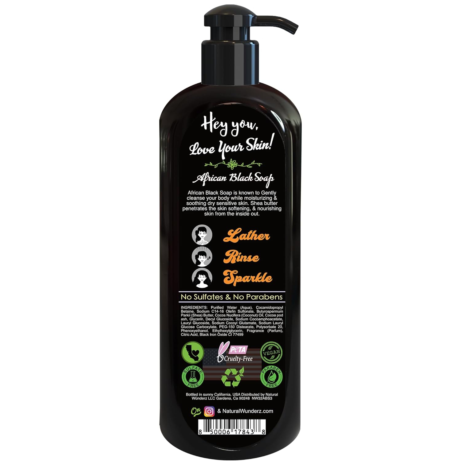 Body Wash with African Black Soap and Shea Butter, 32 Fl Oz Shower Gel, Promotes Acne Treatment, Contains All Natural Extracts, Vegan, and Sulfate-Free Body Scrub