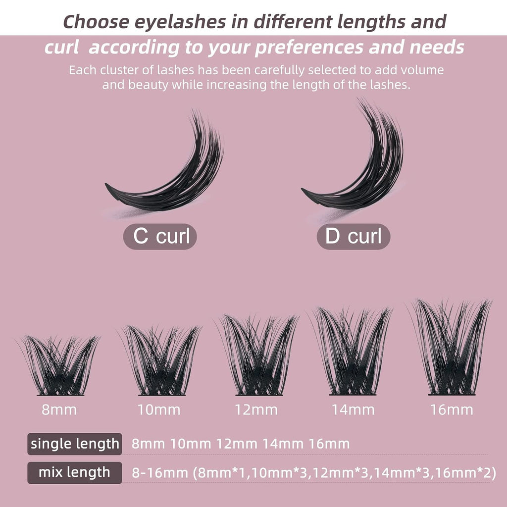 QUEWEL Cluster Lashes 72 Pcs Wide Stem Individual Lashes C/D Curl 8-16mm Length DIY Eyelash Extension False Eyelashes Soft for Personal Makeup Use at Home (honey01-C-8)