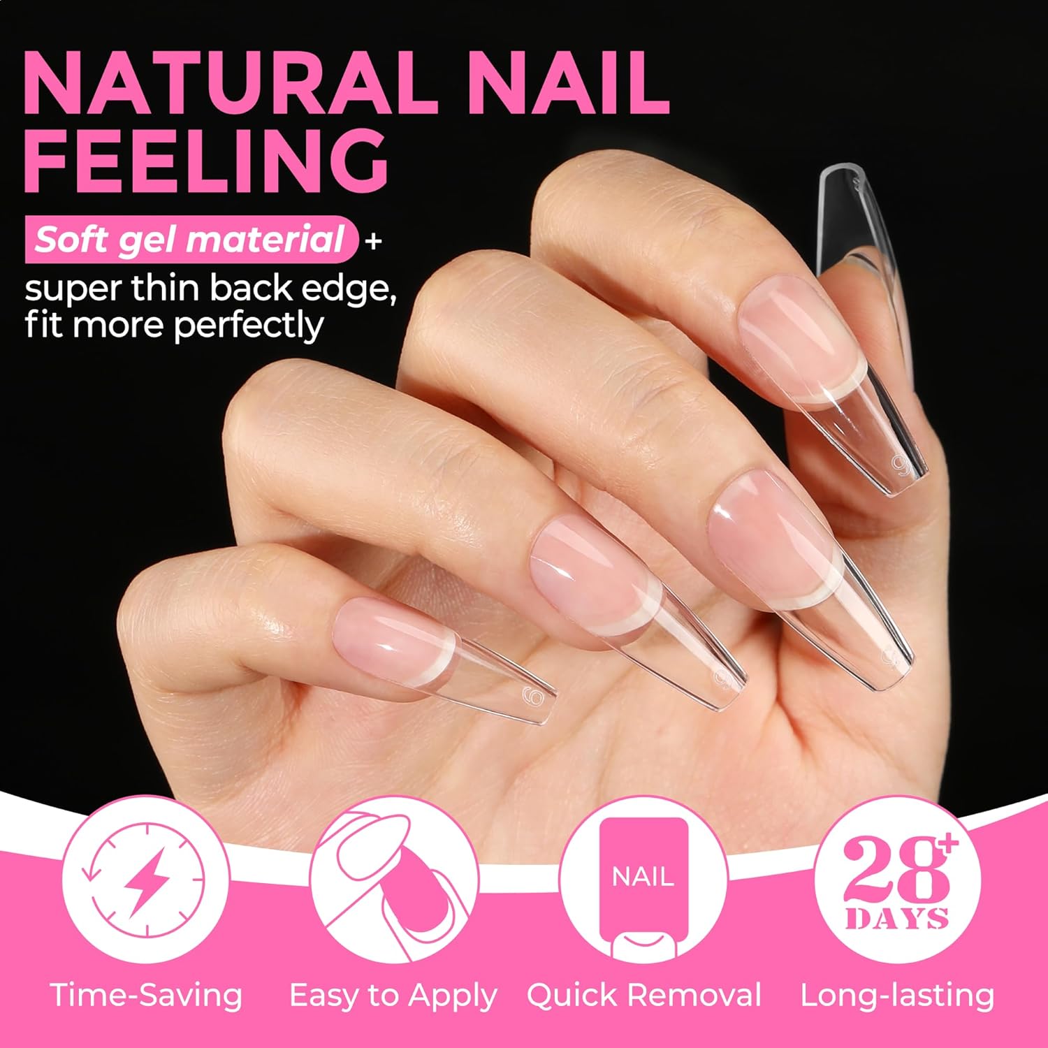 UNA GELLA Long Coffin Nail Tips: 216pcs Coffin Acrylic Fake Nails Full Cover Gel Nail Tips Press On Nails Clear Tips for Nail Extension DIY Salon 12 Sizes