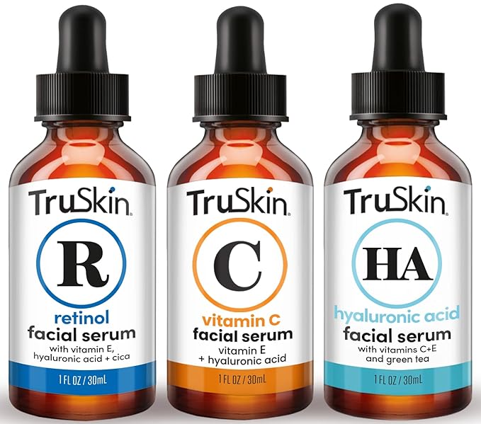 TruSkin Face Serum Trio – Hyaluronic Acid, Vitamin C & Retinol Serum for Face – Anti Aging Skin Care Set for Women – Skincare for Bright, Smooth, Hydrated & Firmer-Looking Skin, 1 fl oz, 3 Bottles