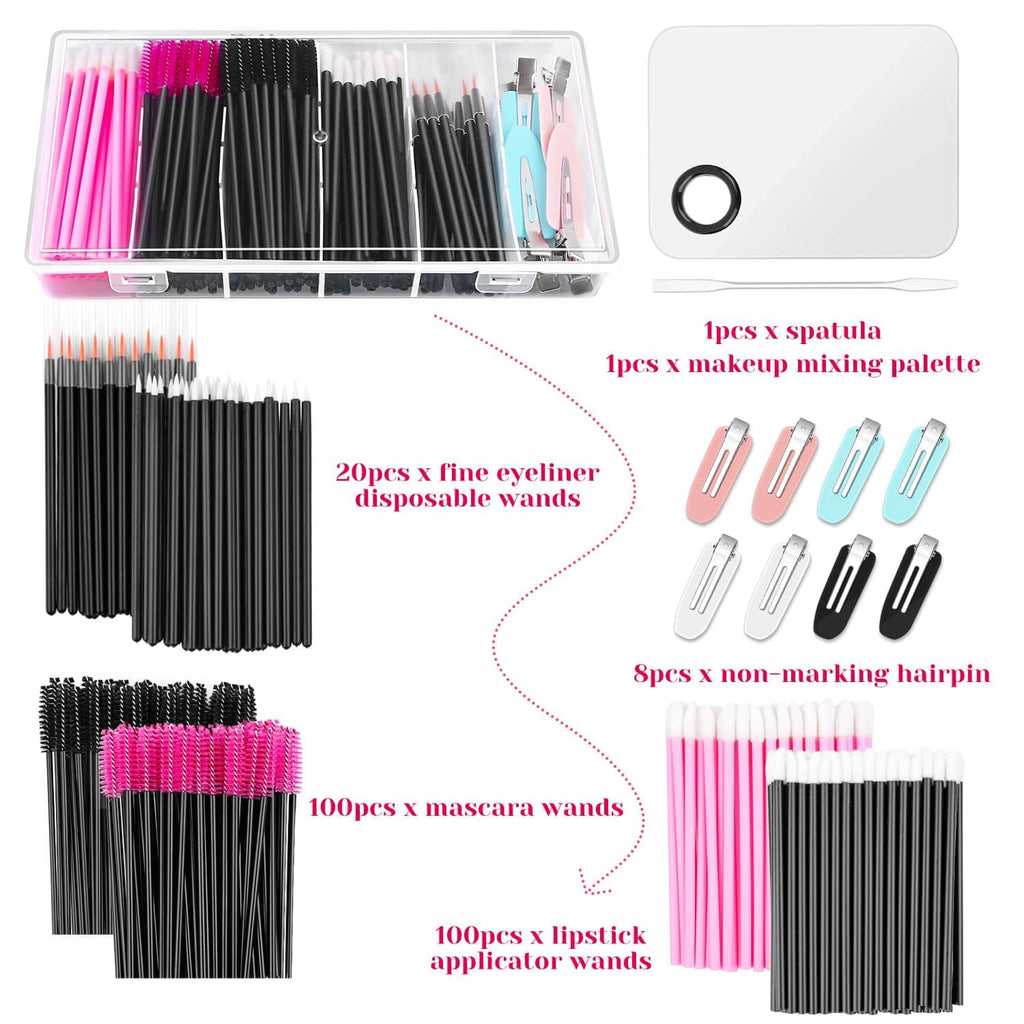Shynek Makeup Mixing Tray with Disposable Accessories Kit - Mascara Wands, Lip Applicators, Hair Clips & Organizer Box
