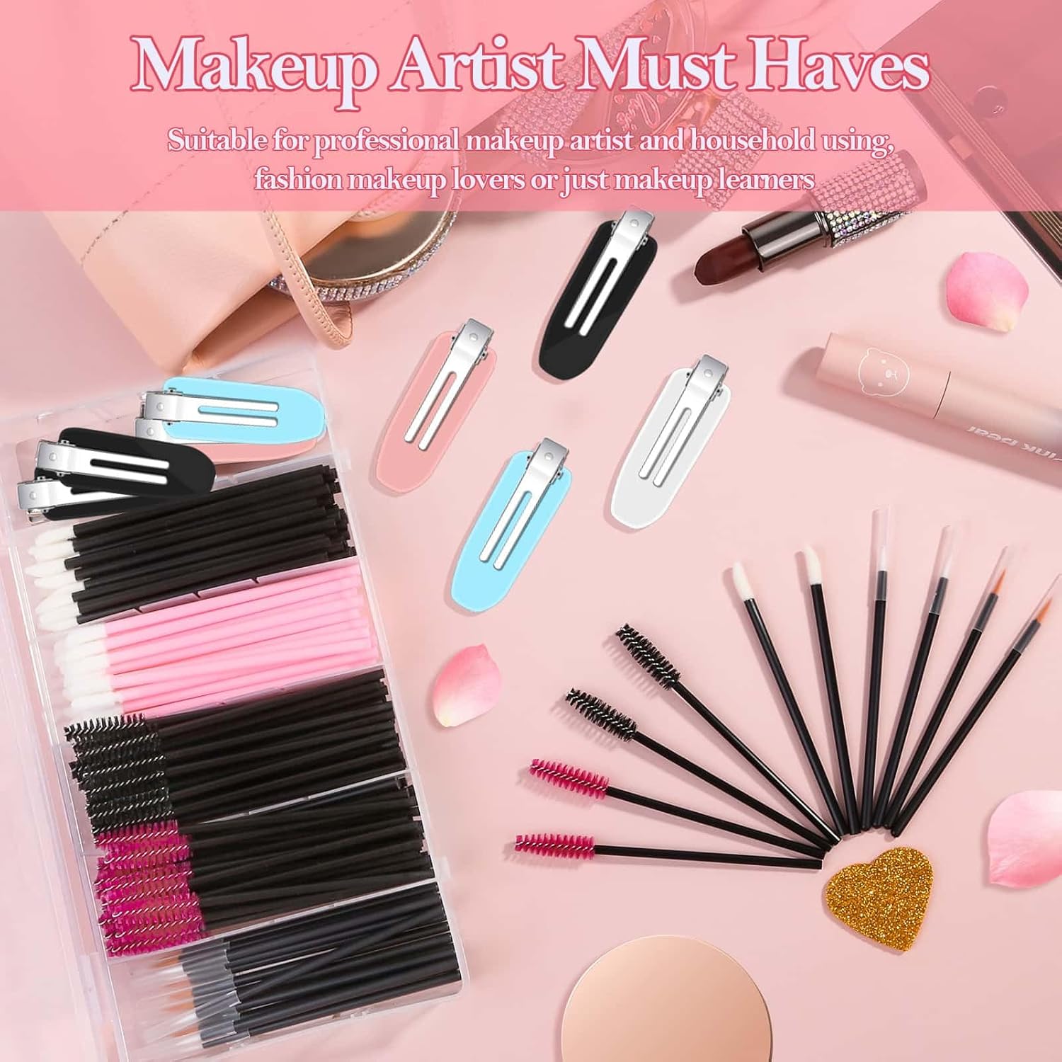 Disposable Makeup Applicators Accessories Kit Makeup Artist Supplies with Mixing Tray Mascara Wands, Lip Brushes, Hair Clips Triangle Puff for Face with Storage Box