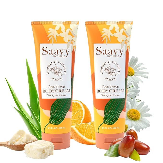 Saavy Naturals Sweet Orange Body Cream for Women, Absorbent Shea Butter Vegan Formula for Women, Thick and Creamy, Naturally Scented Body Lotion for Dry Skin, 8.5 Oz, 2 Pack