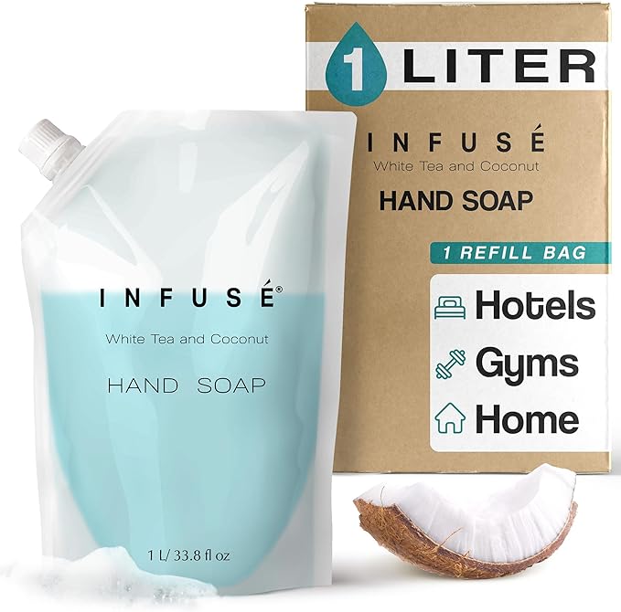 1 Liter Hand Wash Refill Bag For Soap Dispensers | Bulk Toiletries for Vacation Rentals, and Home Bathroom Showers | White Tea and Coconut | Single