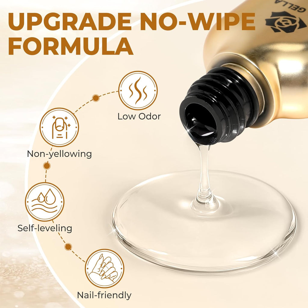 UNA GELLA No Wipe 2PCS Gel Top Coat Base Coat Set, Highly Glossy Top Coat Gel Nail Polish Strengthen and Acid-Free Clear Nail Base Soak Off, Key to Manicure for Her (U V Cure Need)