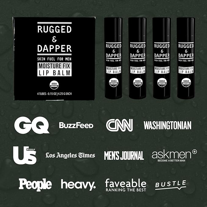 RUGGED & DAPPER Lip Balm for Men - Certified Organic + Natural Ingredients - 4 Pack - Hydrating Mens Chapstick - USA Made