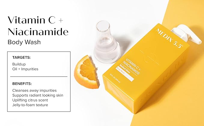 Medix 5.5 Radiant Glow Vitamin C Body Wash W/Niacinamide | Citrus Scented Gentle Body & Face Cleanser For Women, Men, Dry Skin, & Smoother-Looking Skin | Removes Dirt, Oil, & Impurities, 15 Fl Oz