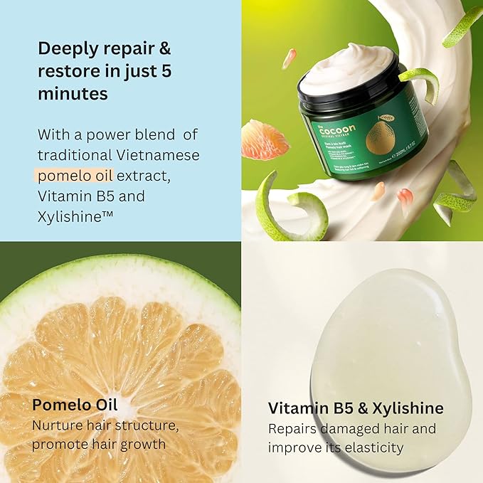 Cocoon Pomelo Essential Oil Hair Mask with Xylishine & Amino Acid | Sulfate Free Vegan Treatment to Soften, Reduce Loss & Volumize Hair Growth | for Thinning, Damaged & Breakage Hair 6.76 fl oz