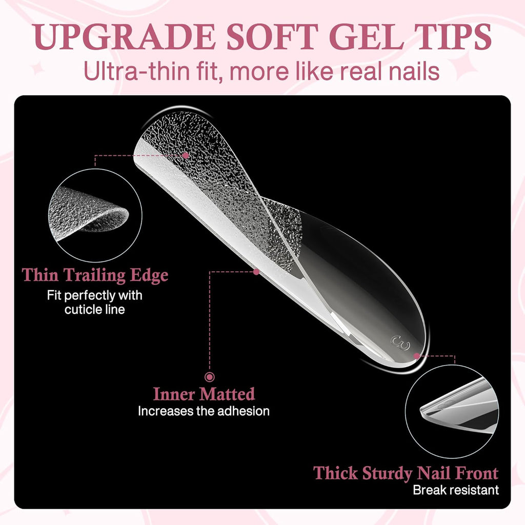Medium Almond Nail Tips, 360pcs Soft Gel Pre-Shaped Acrylic Fake Nails, Half Matte Full Cover Clear Gelly Press on Flase Nail Tips for Extension Nail Manicure Home DIY 12 Sizes Gelly Tips