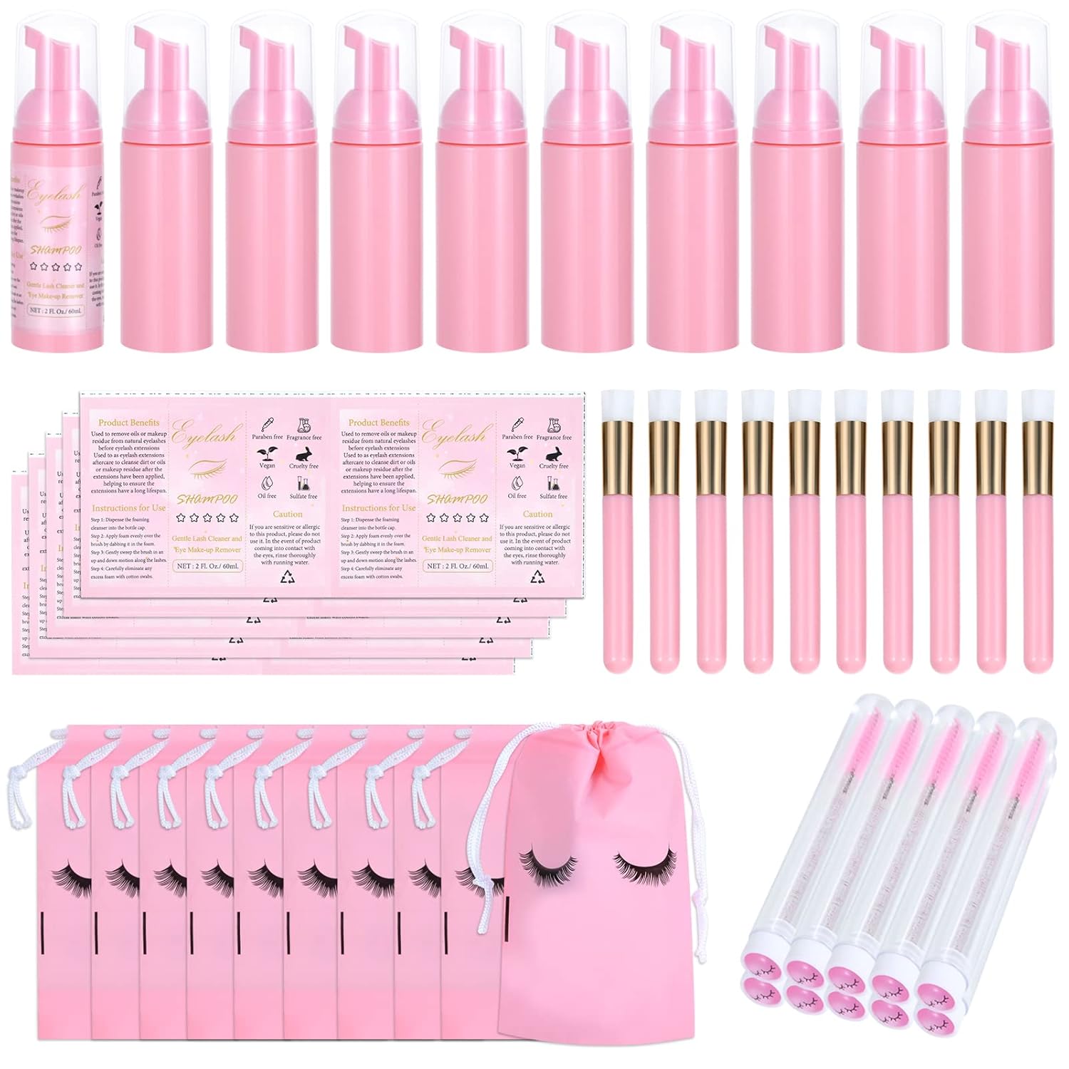 50 Pcs Lash Shampoo Bottle Brushes Set (Pink)