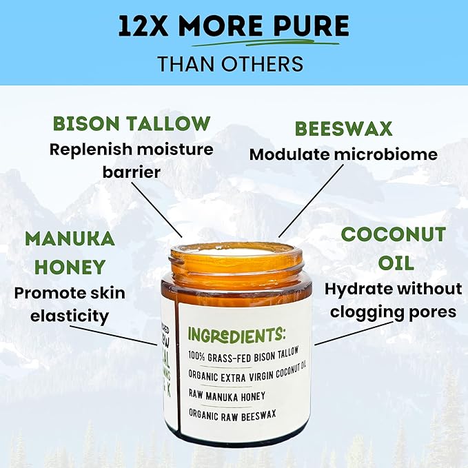 Unscented Manuka Honey & Bison Tallow Moisturizing Balm - 100% Grass-Fed & Finished Tallow Face Moisturizer for Acne-Prone Skin - Premium Face & Body Balm for Skin Nourishment - 3oz (2 Jars)