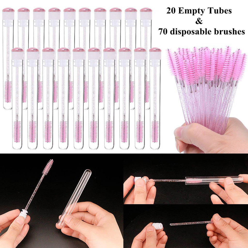 Mascara Wand Brushes Tubes Set-70 Pieces Disposable Eyelash Brushes Replacement with 20 Pieces Empty Container Tubes for Eyelash Extension Lash (Pink Eyelash)