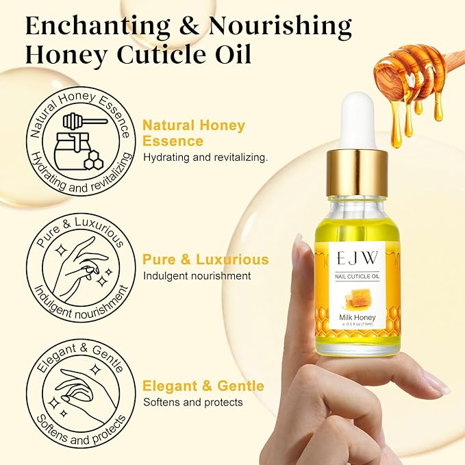 EJW Cuticle Oil for Nails, 1 Week Multi-Functional Care for Hands and Feet, Moisturizes & Strengthens Nails, Improves Hangnails & Dry Skin, Contains Jojoba Oil, Natural Ingredients, Milk and Honey
