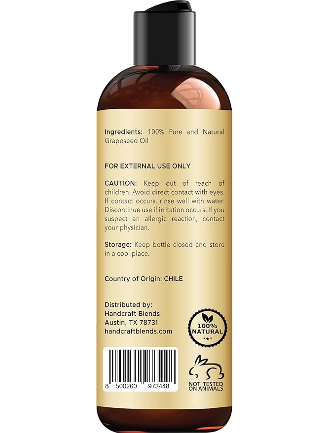 Handcraft Blends Grapeseed Oil - Cold-Pressed 8 Fl Oz - 100% Pure and Natural - Premium Grade Carrier Oil for Skin and Hair - Hair and Body - Massage - Hexane-Free