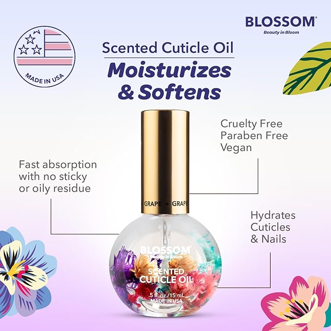 Blossom Hydrating, Moisturizing, Strengthening, Scented Cuticle Oil, Infused with Real Flowers, Made in USA, 1.26 fl. oz, 3 pack Fruit Bundle, Strawberry, Grape, Cherry