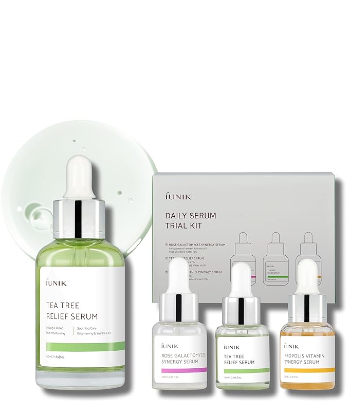 iUNIK Tea Tree Relief Serum & Daily Serum Trial Kit Rose Galactomyces Synergy Serum, Tea Tree Relief Serum, Propolis Vitamin Synergy Serum Mini Travel Kit Serum Ampoule Vegan Korean Skincare