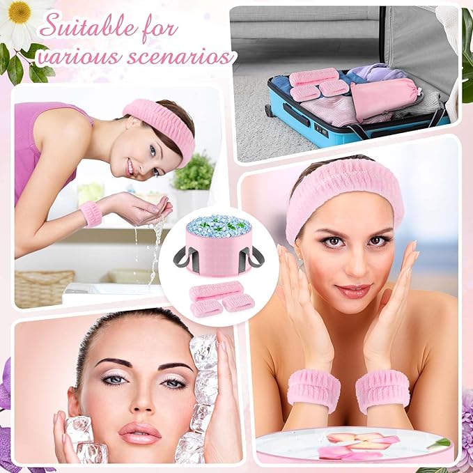 Face Ice Bath Bowl - Pink Foldable Collapsible Design with Headband & Wristbands Set, Skincare Combo for Women, Travel Friendly Home Spa, Makeup Removal & Sensitive Skin Care