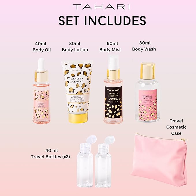 Tahari Vanilla Jasmine Spa Gift Set for Women – Luxurious Bath Kit with Body Lotion, Body Wash & Body Mist & Oil – Perfect Selfcare Gifts for Women (Leopard)