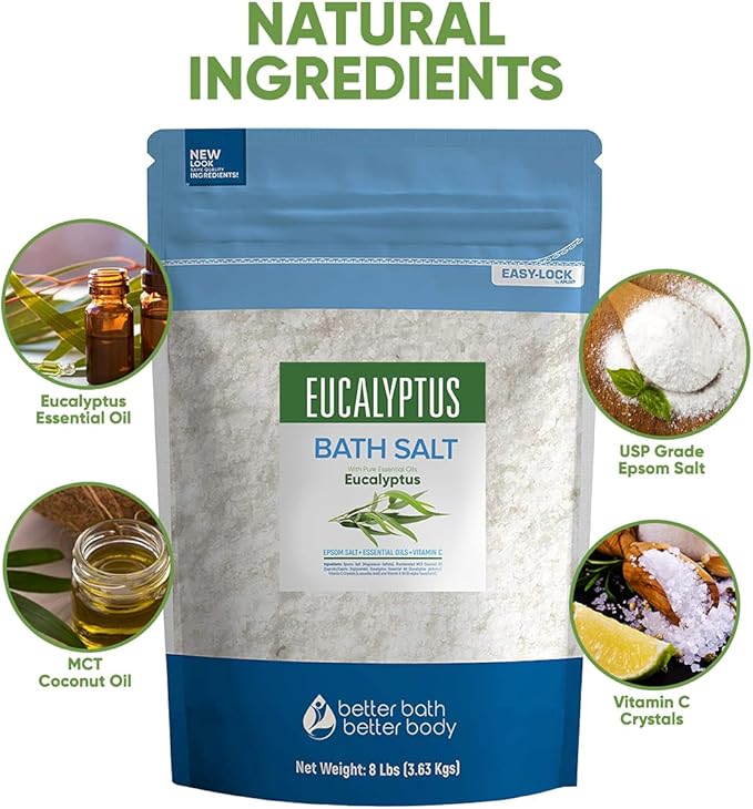 Eucalyptus Bath Salt 128 Ounces (8 Lbs) Epsom Salt with Natural Eucalyptus Essential Oil Plus Vitamin C in BPA Free Bulk Size Pouch with Easy Press Lock Seal Made in USA