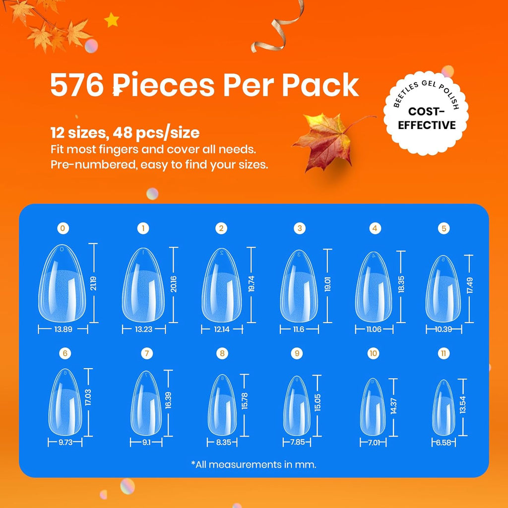 Beetles Gel Nail Tips 576Pcs Pre-shape Short Almond Etch-X Nail Tips,12 Sizes Soft Nail Tips Half Matte False Nails for Fall Nails Full Cover Press On Nail Nail Extensions Set for Women