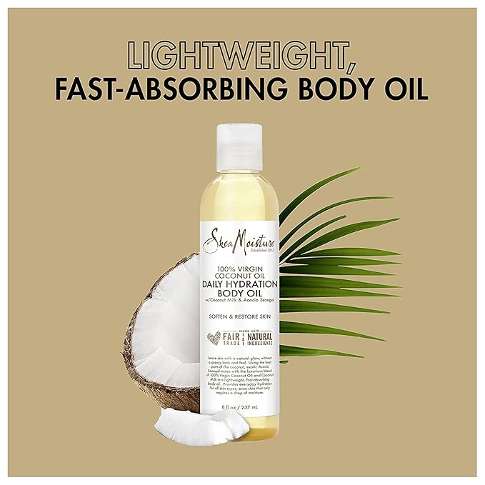 SheaMoisture Body Oil, Daily Hydration 2-Pack – Lightweight, Non-Greasy Moisturizer with 100% Extra Virgin Coconut Oil, Coconut Milk, and Acacia Senegal, 8 Oz Ea