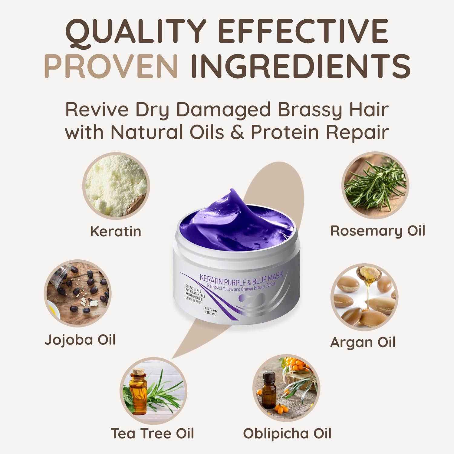 VITAMINS hair cosmetics Keratin Purple Hair Mask - Blue Hair Mask Deep Conditioner Treatment - Blonde Toner to Neutralize Brassiness in Brassy Blonde, Silver, White, Gray & Brown Locks