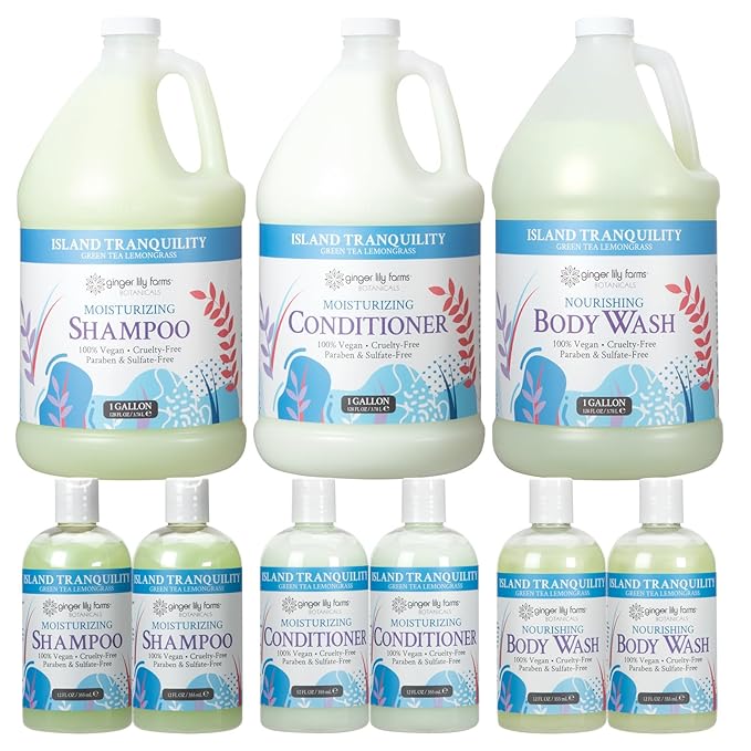 Ginger Lily Farms Botanicals Hospitality Kit, Island Tranquility, 9-Pc Set Includes Shampoo, Conditioner & Body Wash, 100% Vegan & Cruelty-Free, Green Tea Lemongrass Scent