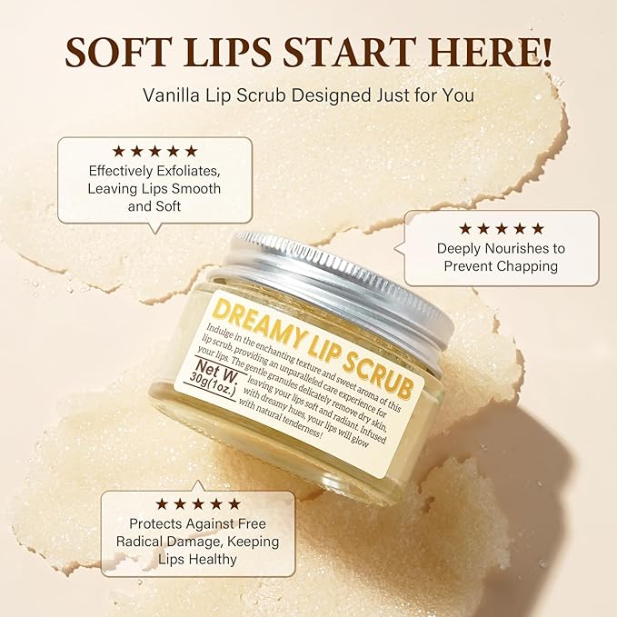 Vanilla Lip Scrub - Natural Sugar Exfoliator for Chapped Lips - 1.05 oz - Nourishing, Smooth & Soft Conditioning