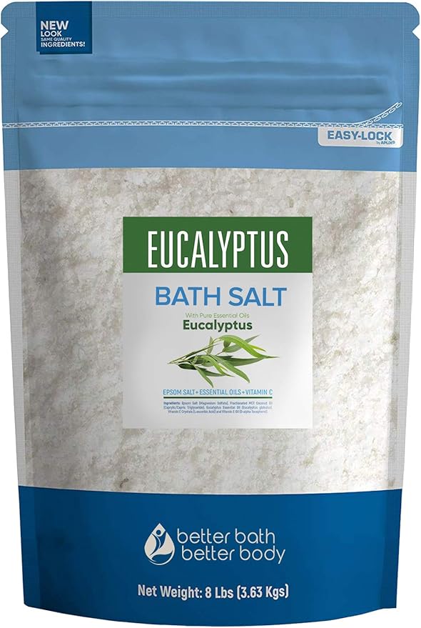Eucalyptus Bath Salt 128 Ounces (8 Lbs) Epsom Salt with Natural Eucalyptus Essential Oil Plus Vitamin C in BPA Free Bulk Size Pouch with Easy Press Lock Seal Made in USA