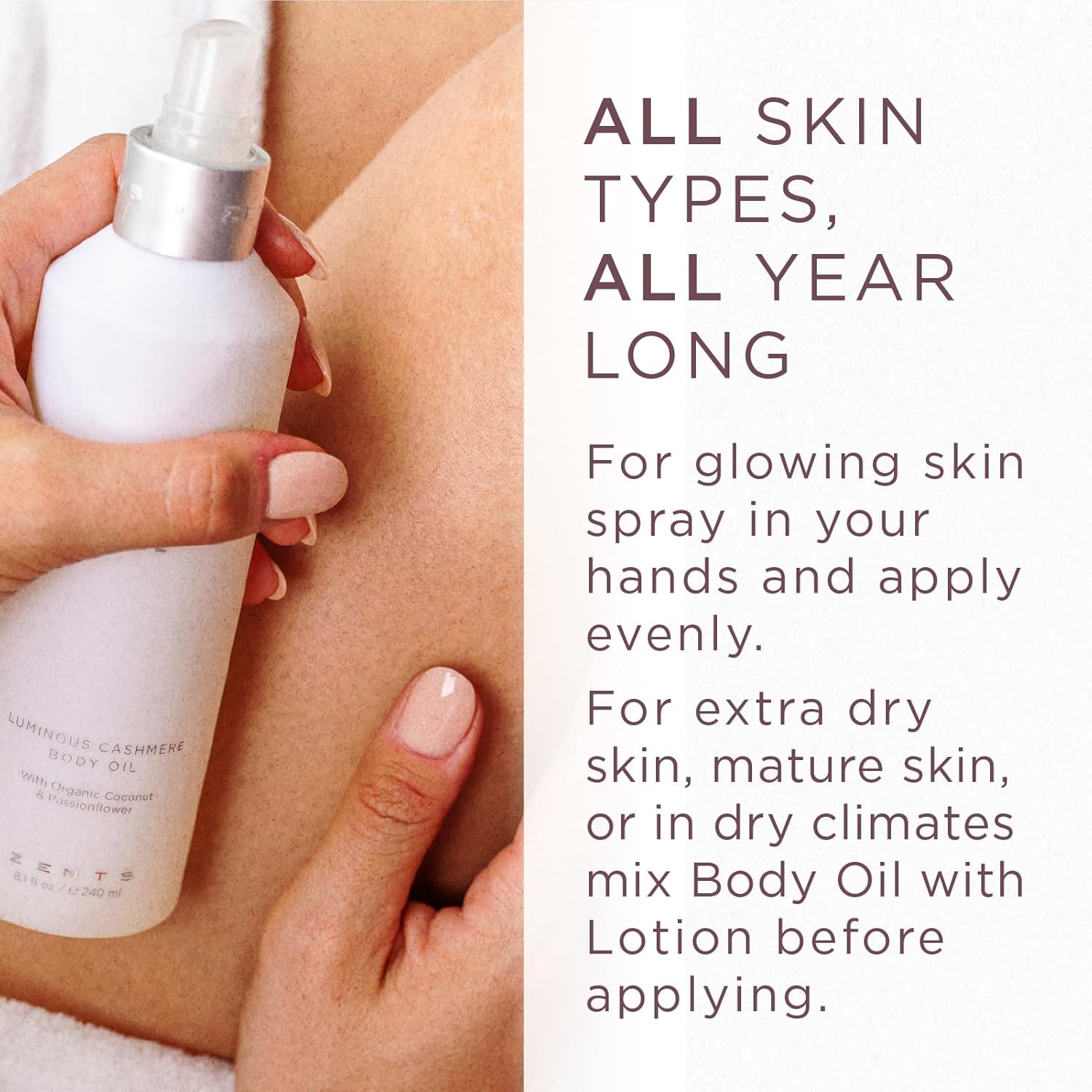 Zents Luminous Cashmere Body Oil (Ore Fragrance) | Moisturizing Body Oil with Vitamin E & Organic Coconut Oil | Softens & Smooths Skin | 8 fl oz