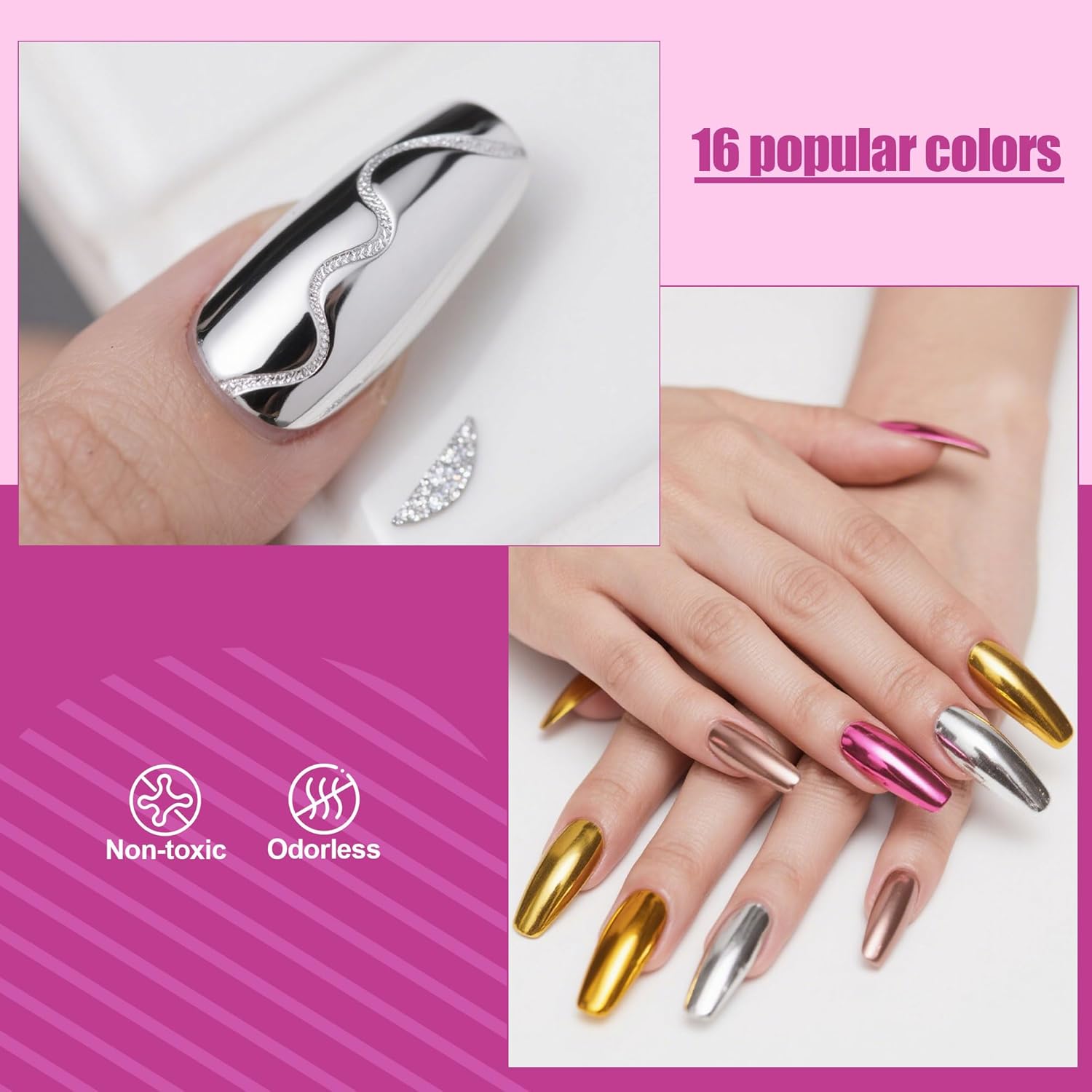 Artdone 16 Jars Chrome Nail Powder Magic White Pearl Kit Mirror Effect Silver Metallic Holographic Dip Nail Powder Decoration Iridescent Aurora Mermaid Pigment