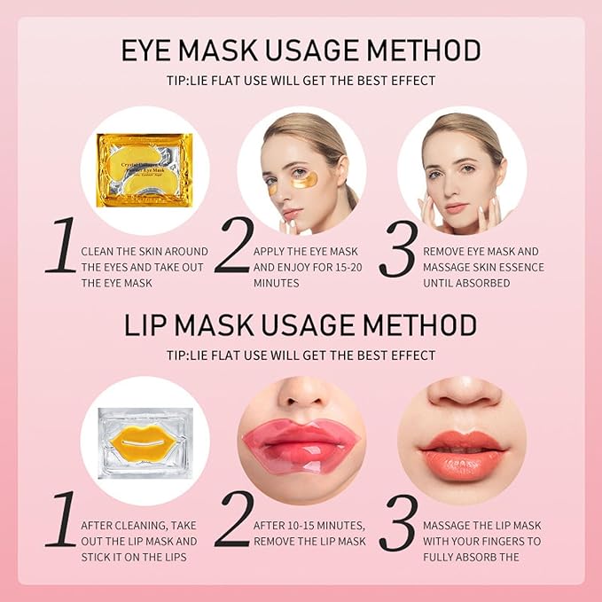 32 Pairs Eye Masks & Lip Mask, 24K Collagen Under Eye Patches for Dark Circles and Puffy Eyes, Reduce Lip Wrinkles, Anti Chapped & Remove Lip Dead Skin, Nourishes the Lip & Eye Skin (Gold)