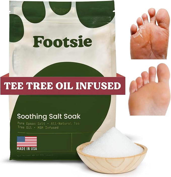 Footsie Soothing Tea Tree Oil Epsom Salt Soak - for Calluses, Aches & Pain, Athlete's Foot - Made in USA - Soothes Cracked Heels, Flaky Skin - 100% Organic, Pedicure Spa Salt (Athlete's Foot & Odors)