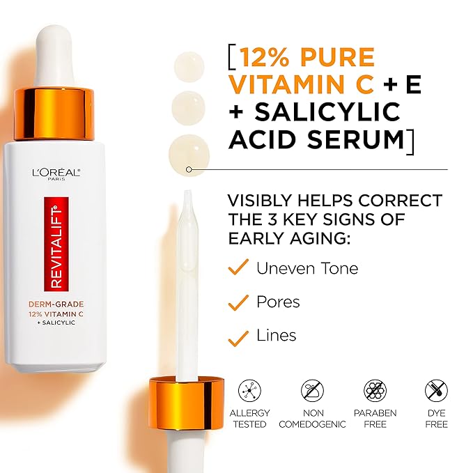 L'Oreal Paris Revitalift 12% Pure Vitamin C Serum, Vitamin E, Salicylic Acid, Brightening 1 oz + Moisturizer Sample